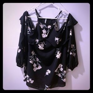 Navy Floral LS cold shoulder blouse
